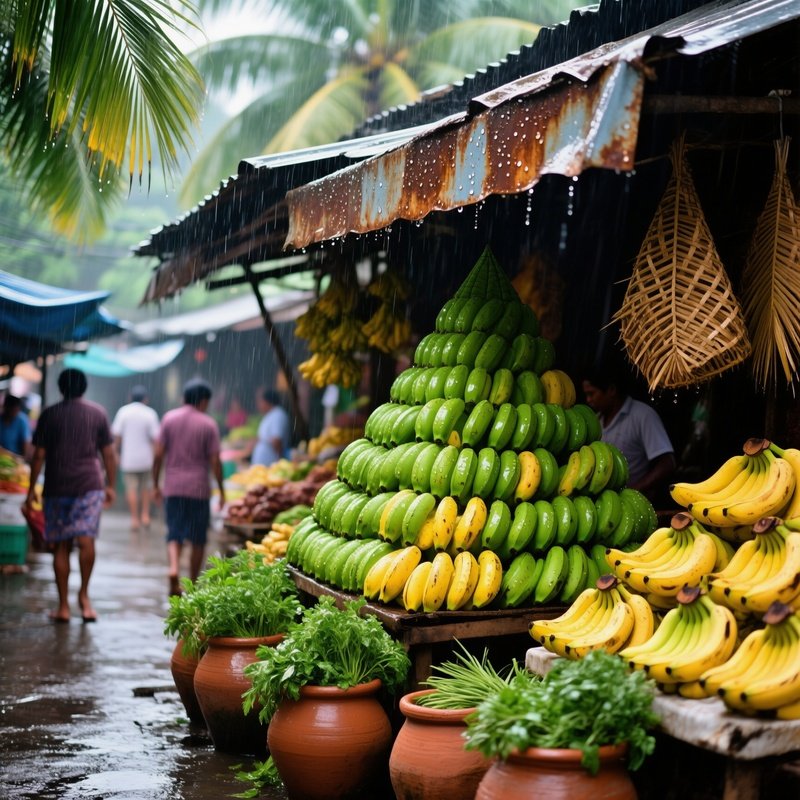 Rain Soaked Market Stall Tropical Bananas