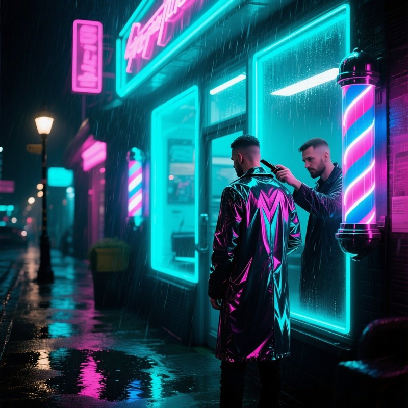 Rain Soaked Neon City Street Cyberpunk Barber Shop