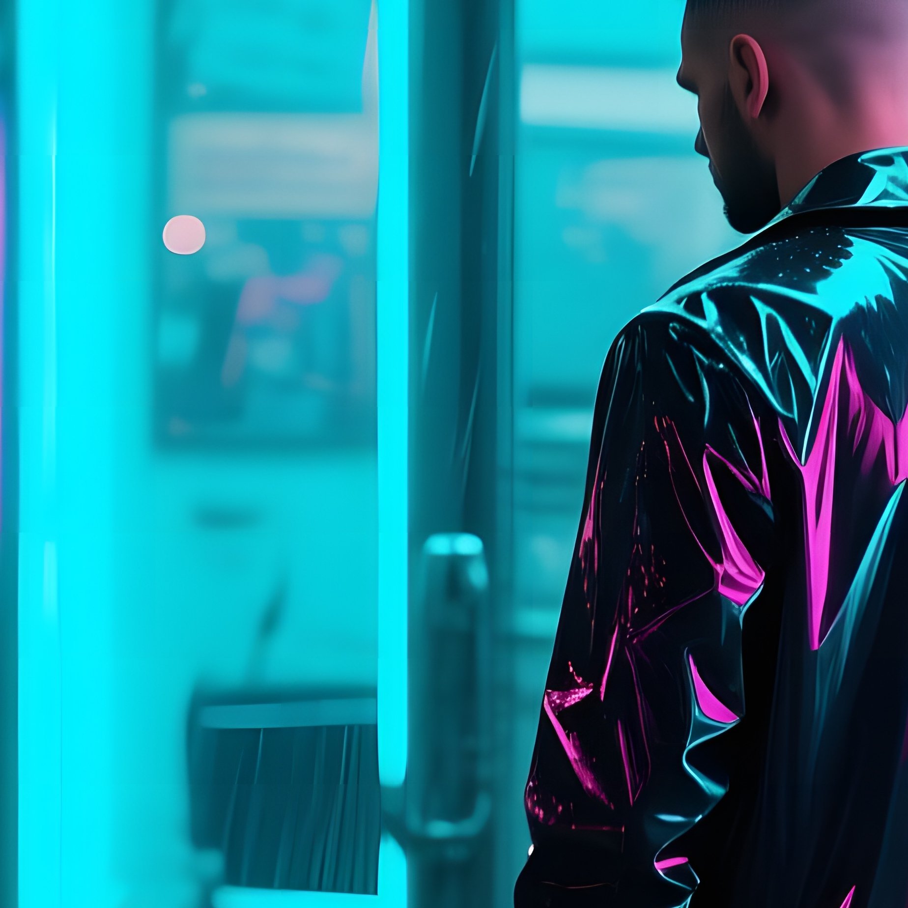 Rain Soaked Neon City Street Cyberpunk Barber Shop - Full Resolution Quality Preview