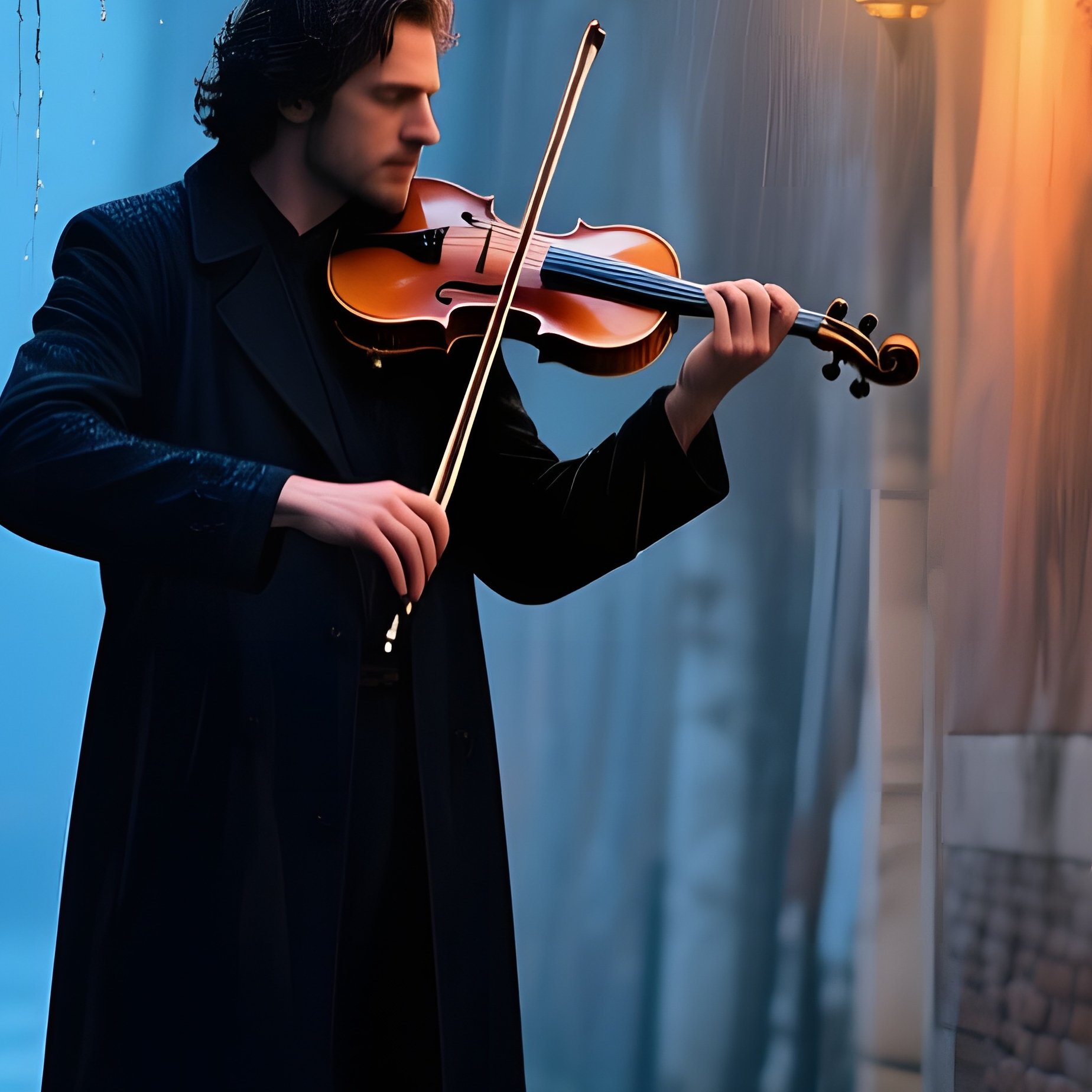 Rain Soaked Venice Alley Violinist - Full Resolution Quality Preview