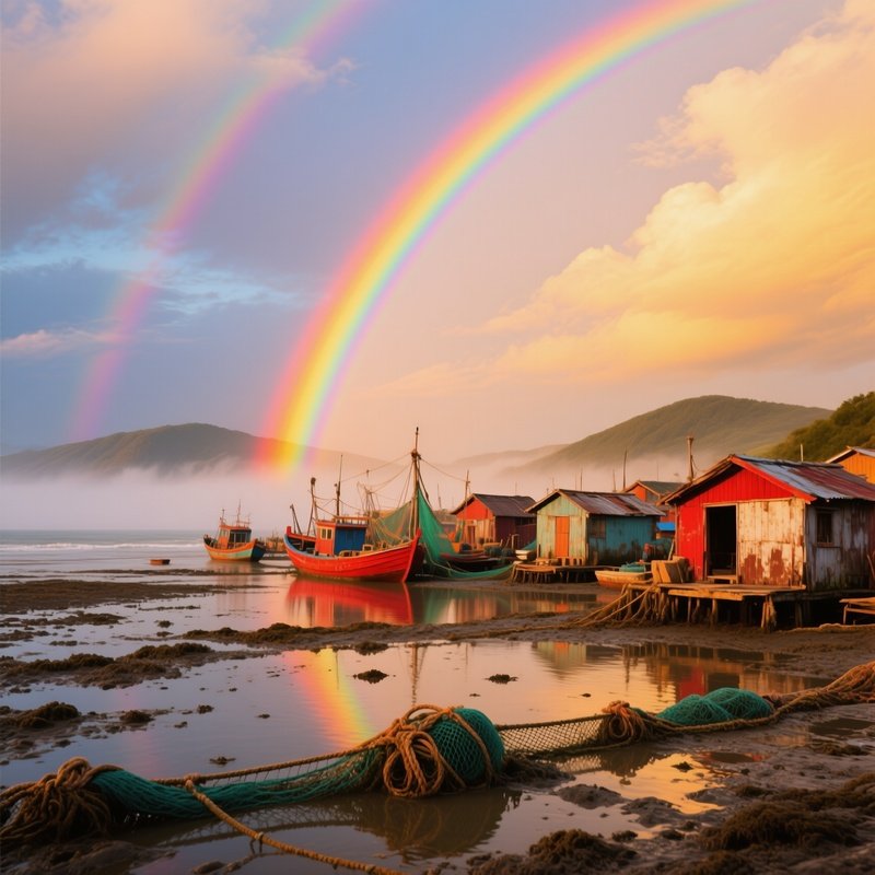 Rainbow Forming Behind Fishing Village At Low Tide