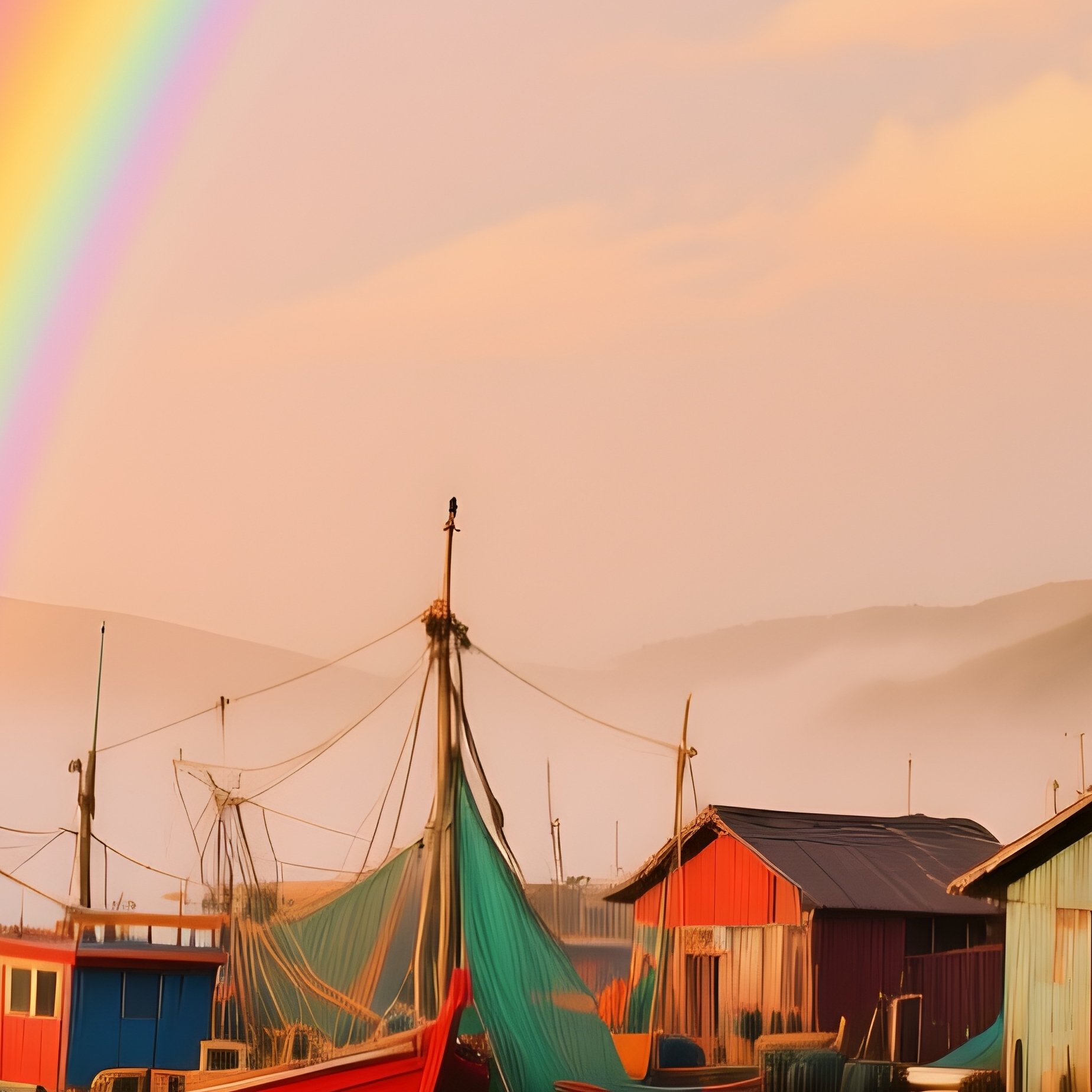 Rainbow Forming Behind Fishing Village At Low Tide - Full Resolution Quality Preview