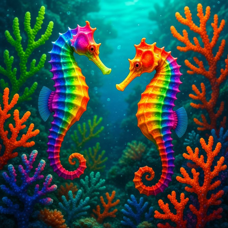 Rainbow Seahorses Underwater Digital Art