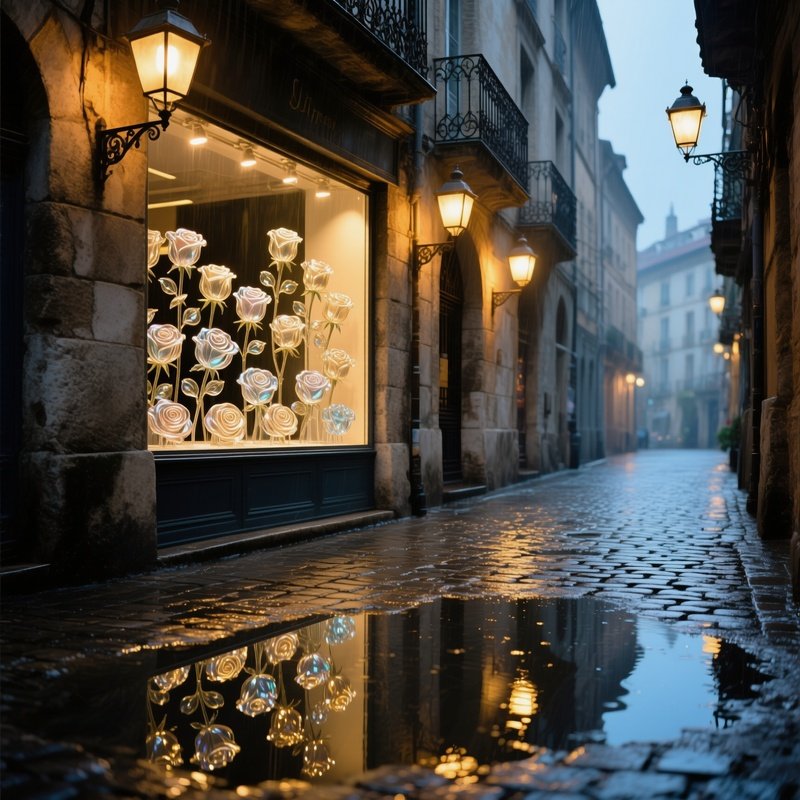 Rainy Afternoon Old European Street Puddles Reflections Glass Roses