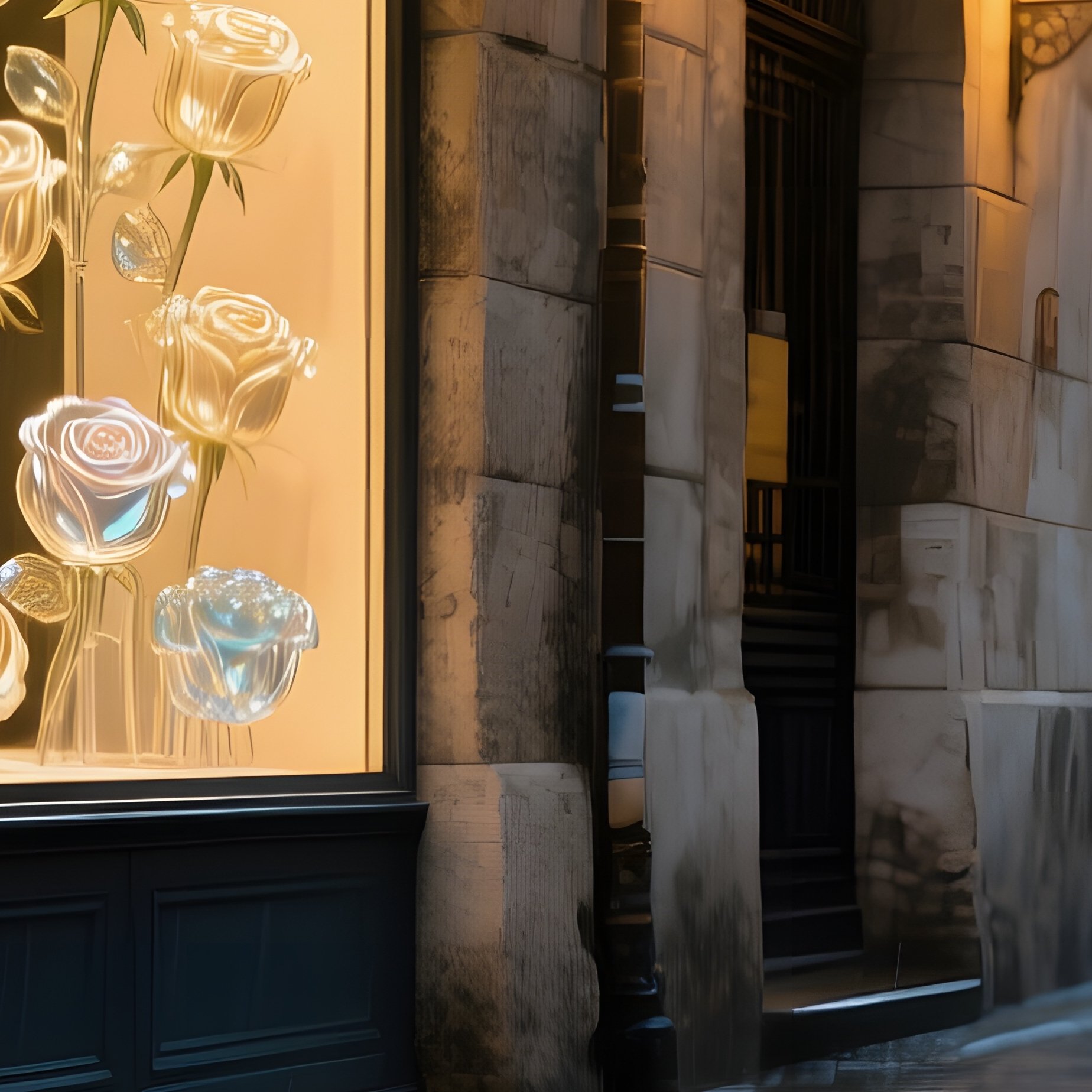 Rainy Afternoon Old European Street Puddles Reflections Glass Roses - Full Resolution Quality Preview