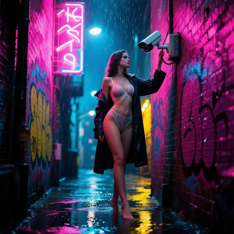 Rainy Alleyway Neon Signs Model Raincoat Security Camera