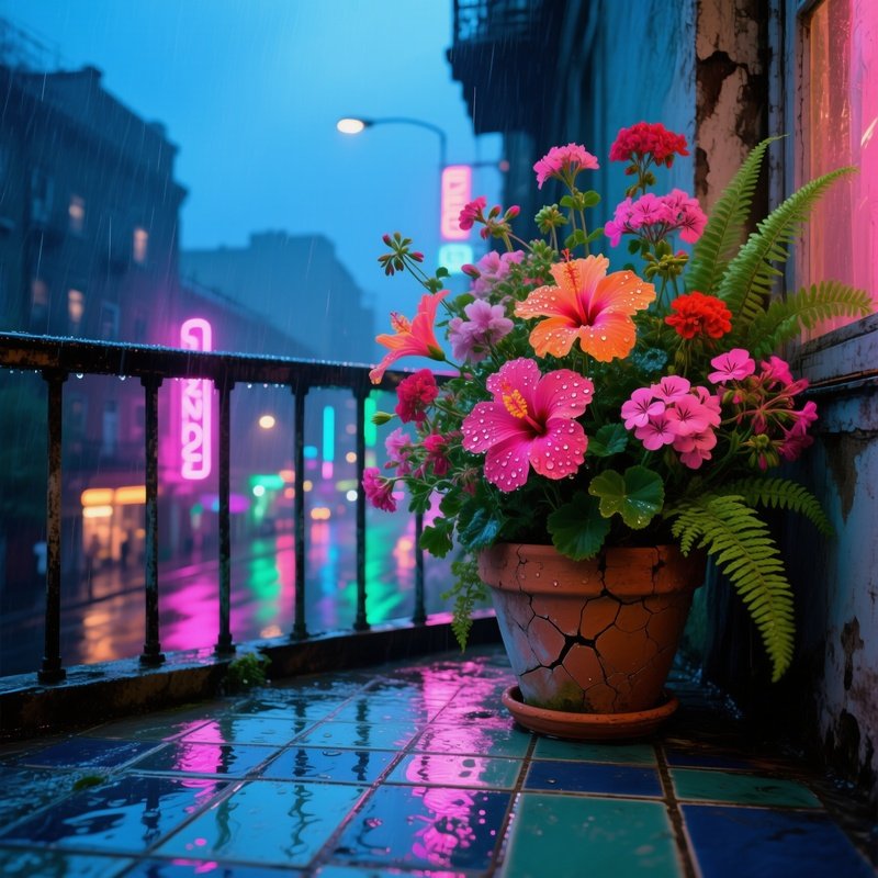 Rainy City Balcony At Dusk Neon Reflections Hibiscus Geraniums Fern In Cracked Terra Cotta Pot