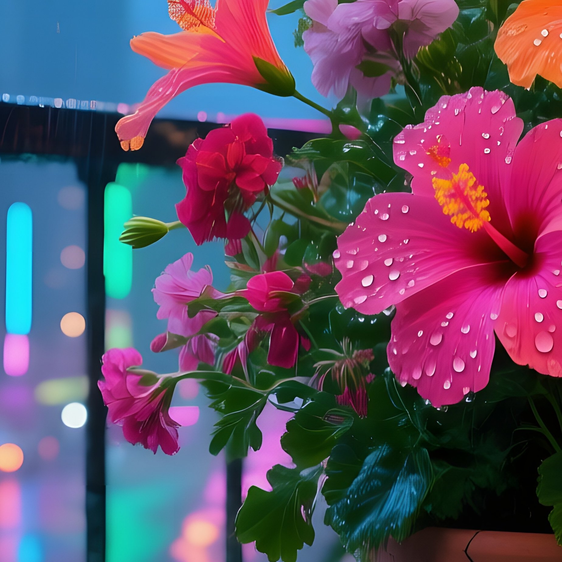 Rainy City Balcony At Dusk Neon Reflections Hibiscus Geraniums Fern In Cracked Terra Cotta Pot - Full Resolution Quality Preview