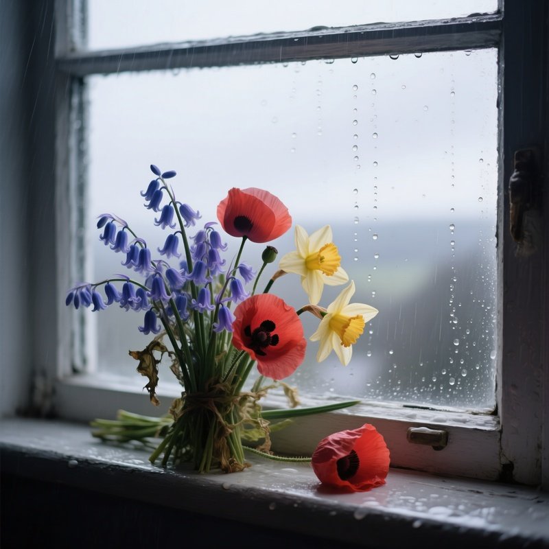 Rainy Day Window Sill With Droplets Framing Drenched Bouquet