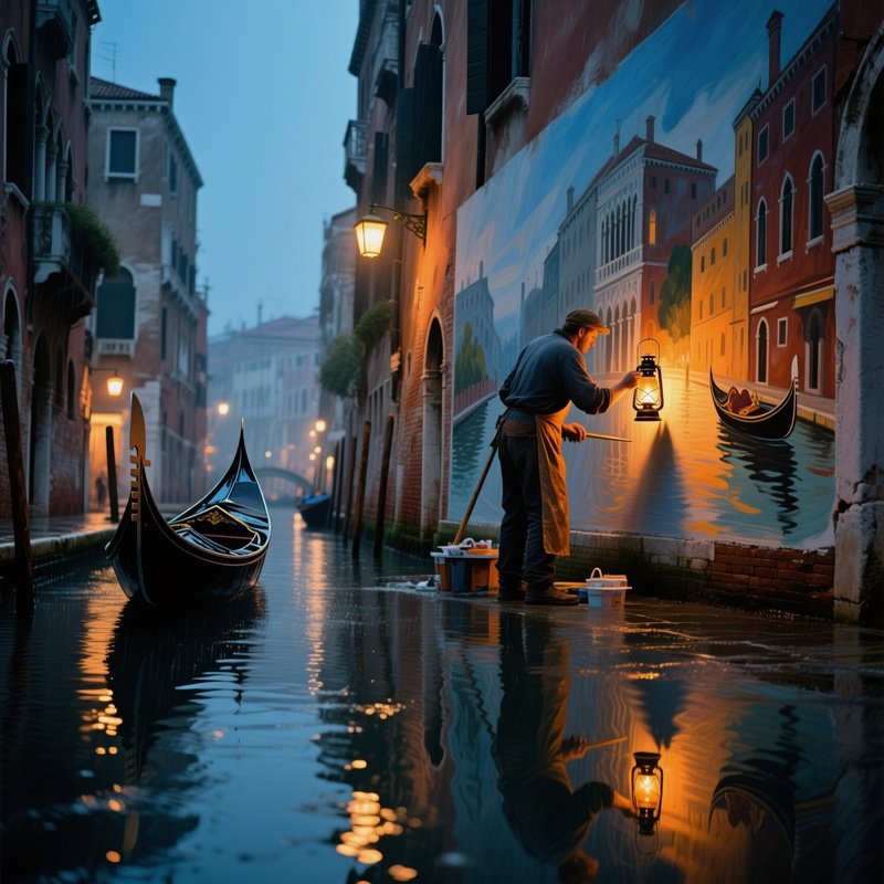 Rainy Evening Venice Frescoist Painting Gondola