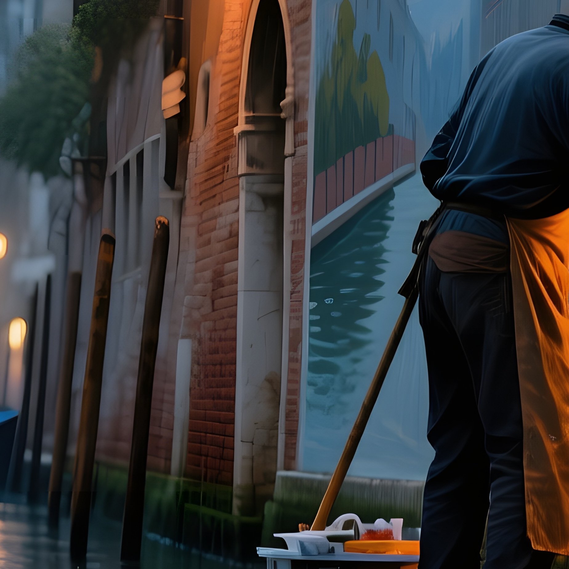 Rainy Evening Venice Frescoist Painting Gondola - Full Resolution Quality Preview