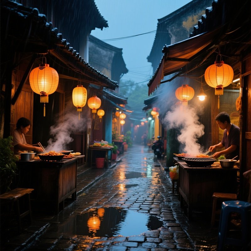 Rainy Evening Vietnamese Alley Lanterns Reflected Puddles Steam Street Food