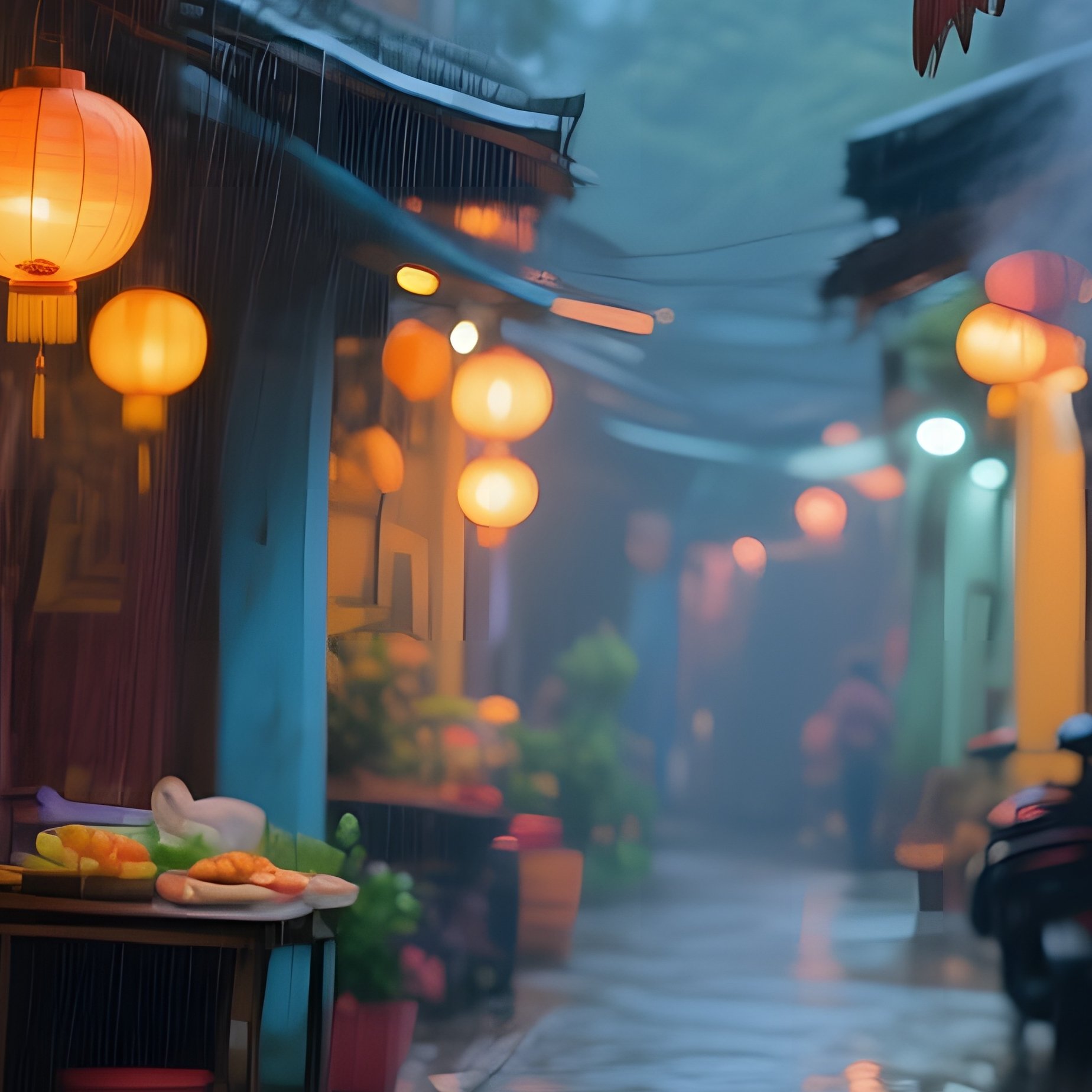Rainy Evening Vietnamese Alley Lanterns Reflected Puddles Steam Street Food - Full Resolution Quality Preview