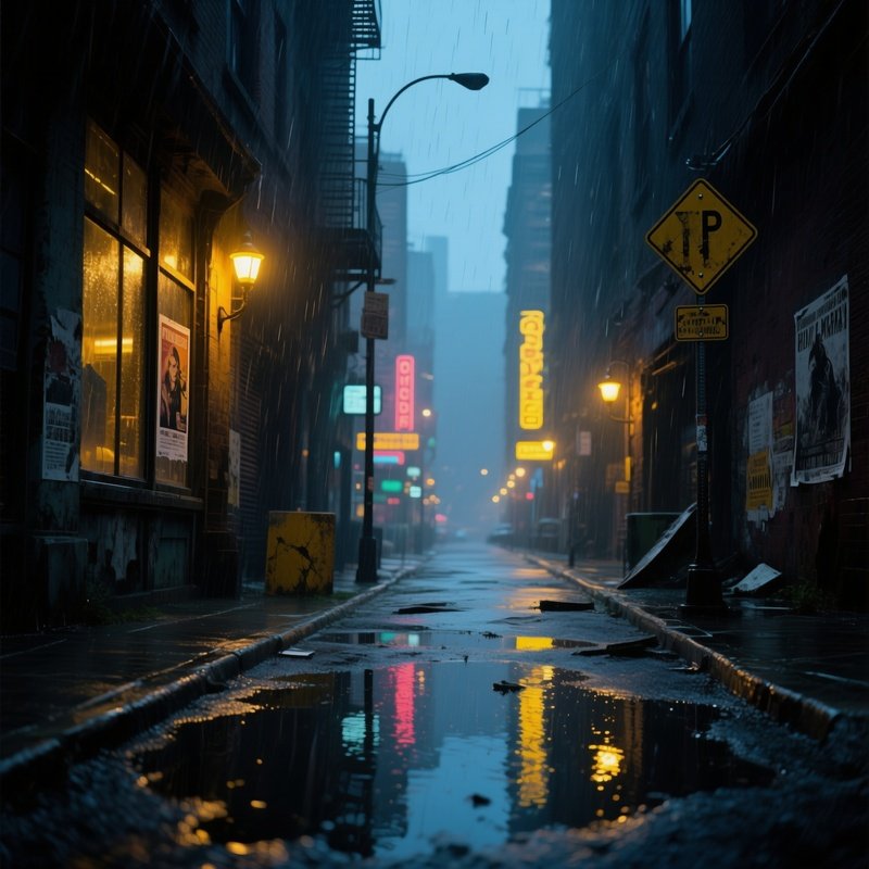 Rainy Street With Faded Signs
