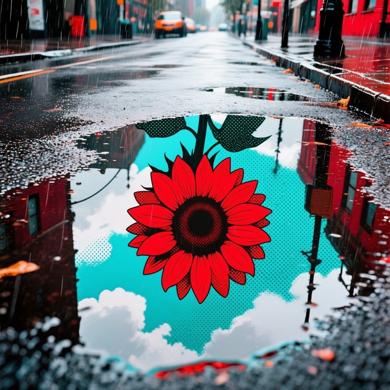Rainy Street With Pop Art Sunflower Reflections