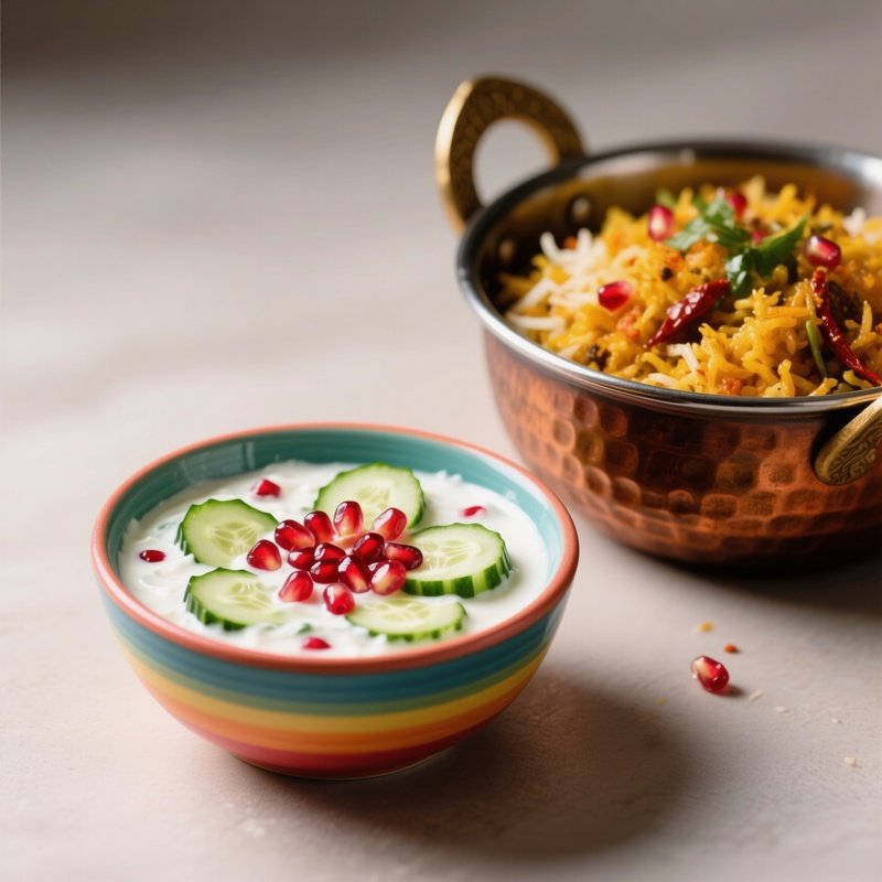 Raita: A Colorful Bowl Of Yogurt With Cucumber And Pomegranate. It Sits Next To A Spicy Biryani Pot, Acting As A Cooling Contrast.