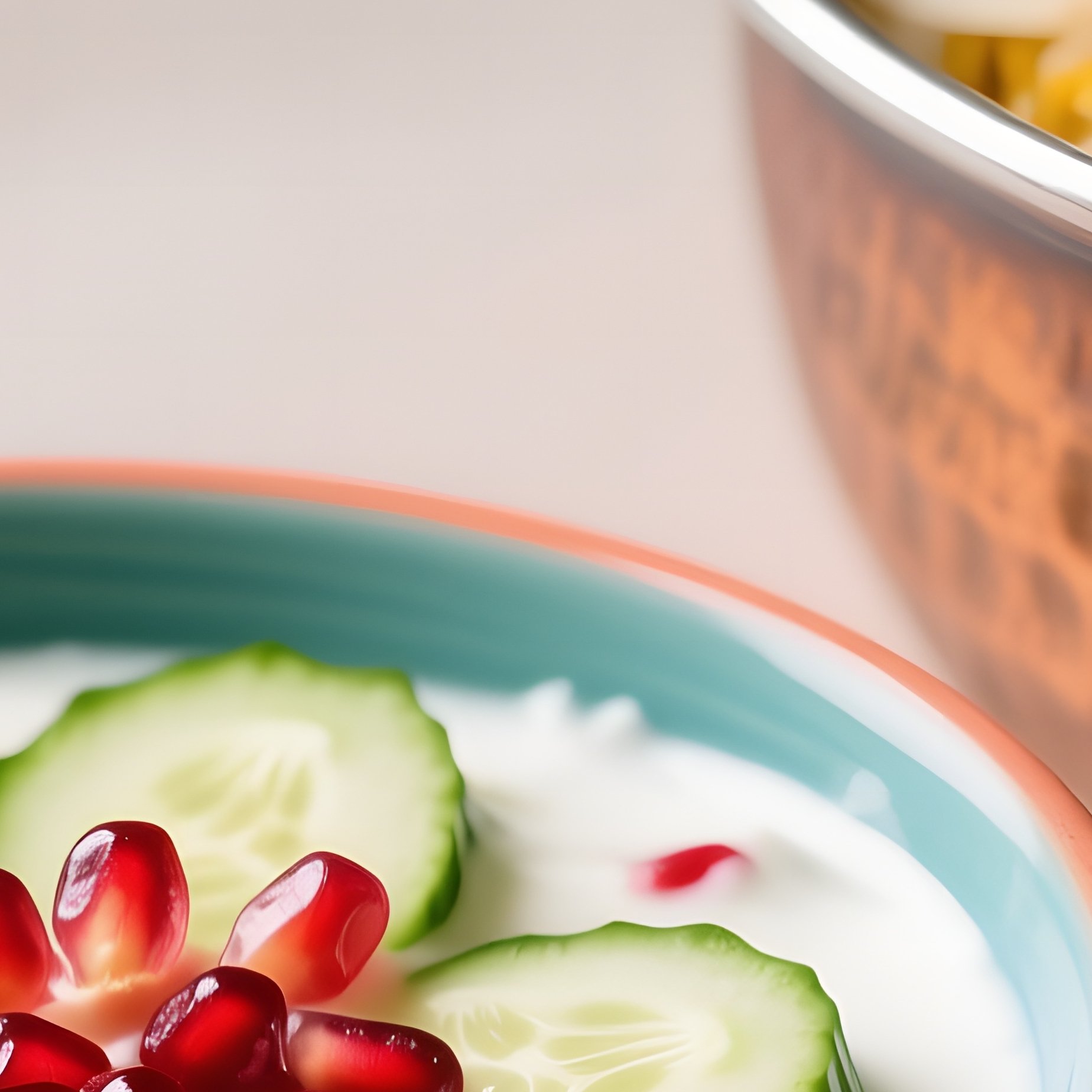Raita: A Colorful Bowl Of Yogurt With Cucumber And Pomegranate. It Sits Next To A Spicy Biryani Pot, Acting As A Cooling Contrast. - Full Resolution Quality Preview