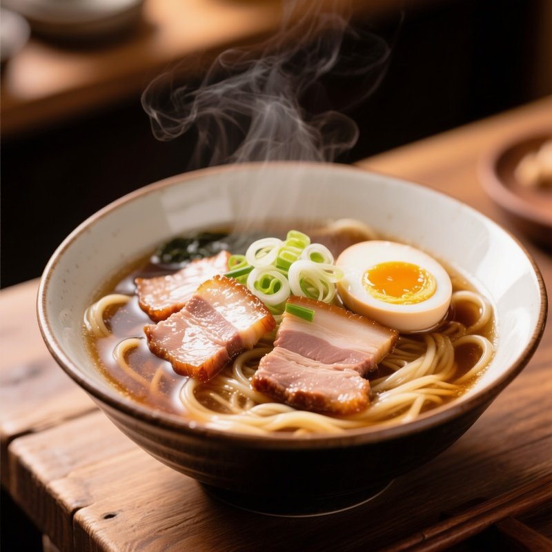 Ramen With Wheat Noodles In Rich Pork Bone Broth Topped With Chashu Pork Soft Boiled Egg And Scallions