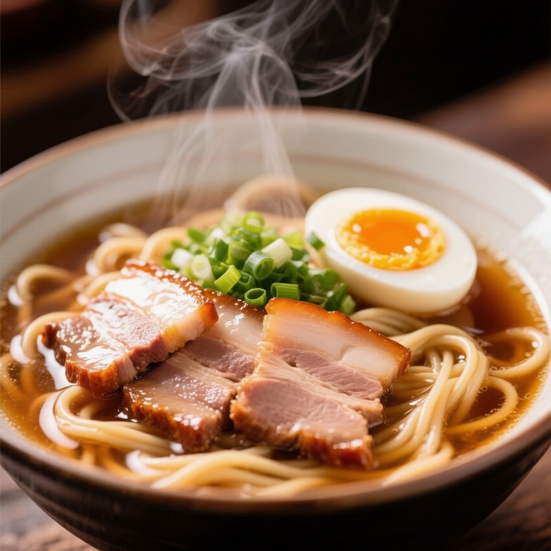 Ramen With Wheat Noodles In Rich Pork Bone Broth Topped With Chashu Pork Soft Boiled Egg And Scallions