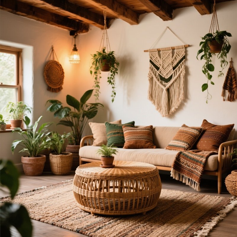 Rattan Ottoman Boho Living Room