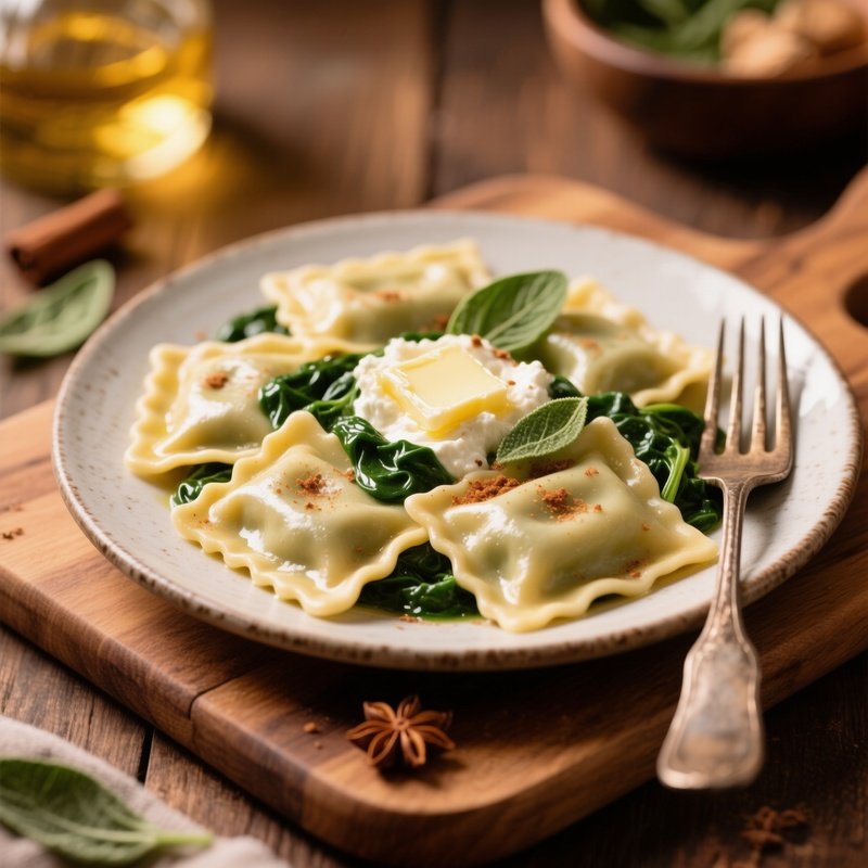 Ravioli Ricotta E Spinaci Filled With Ricotta Cheese Spinach Nutmeg Served With Butter And Sage