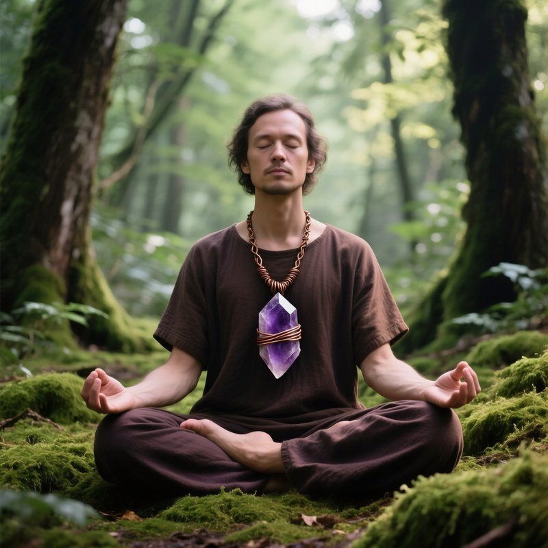 Raw Crystal Pendant Amethyst Copper Wire Mossy Forest Meditating