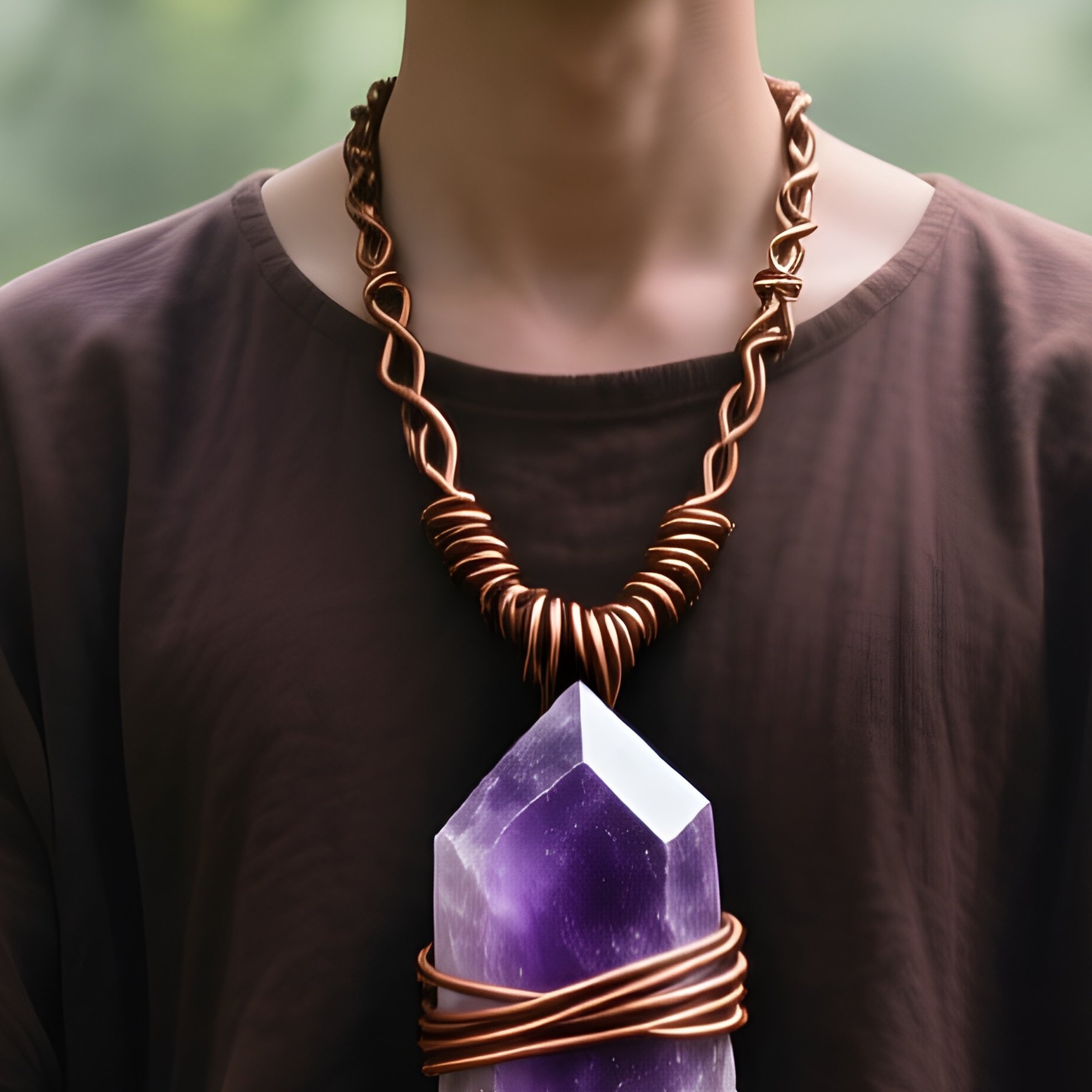 Raw Crystal Pendant Amethyst Copper Wire Mossy Forest Meditating - Full Resolution Quality Preview