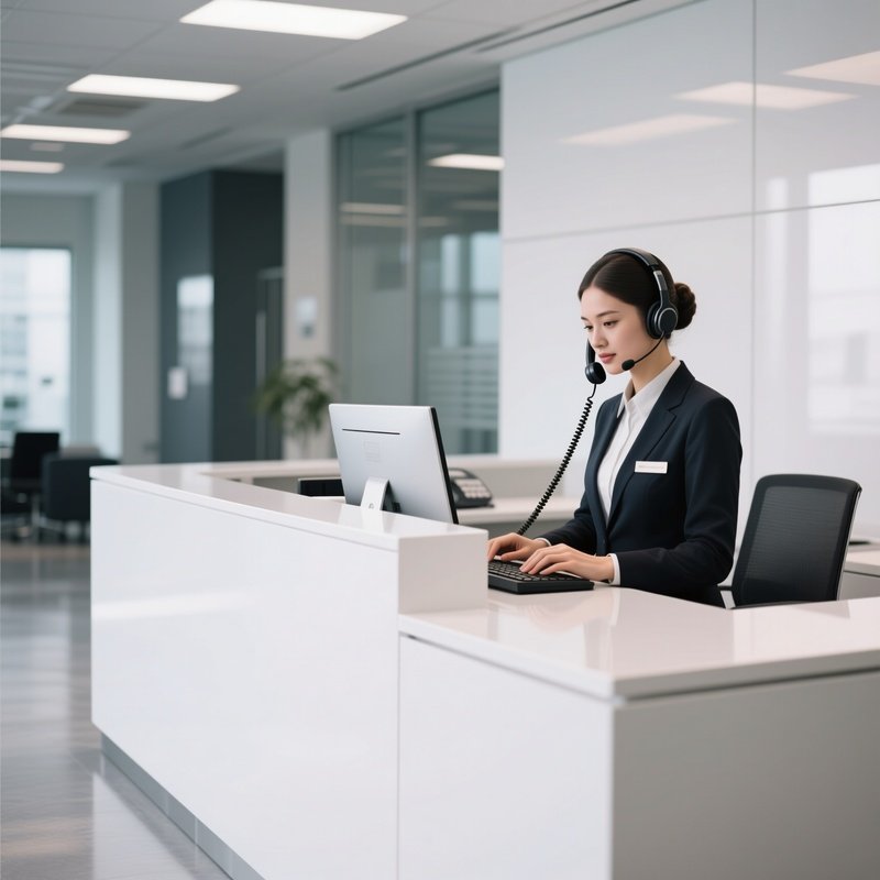 Reception Desk: A Modern, Sleek White Reception Desk In A Corporate Lobby, Staffed By A Receptionist Answering A Phone Headset While Typing On A Computer.