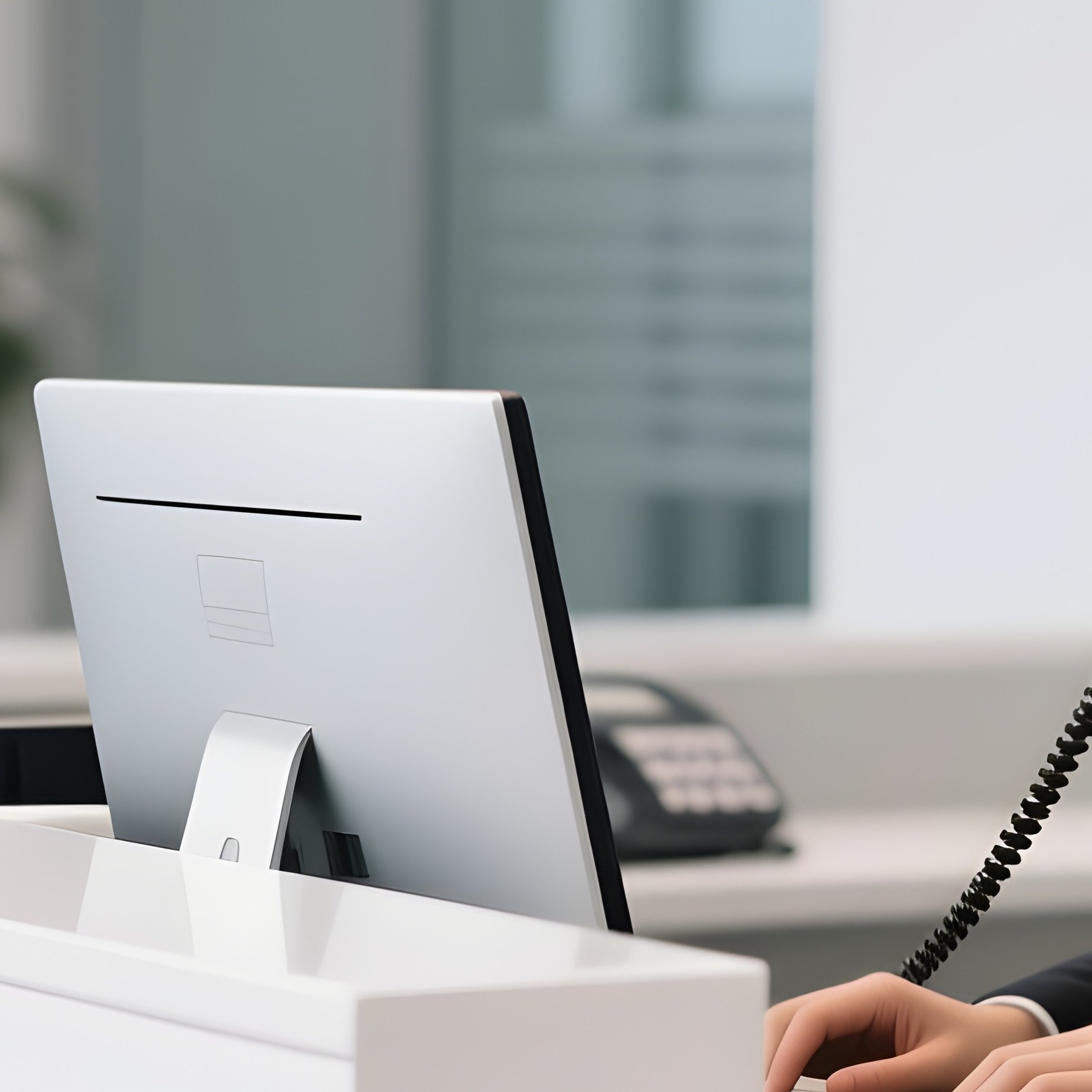 Reception Desk: A Modern, Sleek White Reception Desk In A Corporate Lobby, Staffed By A Receptionist Answering A Phone Headset While Typing On A Computer. - Full Resolution Quality Preview