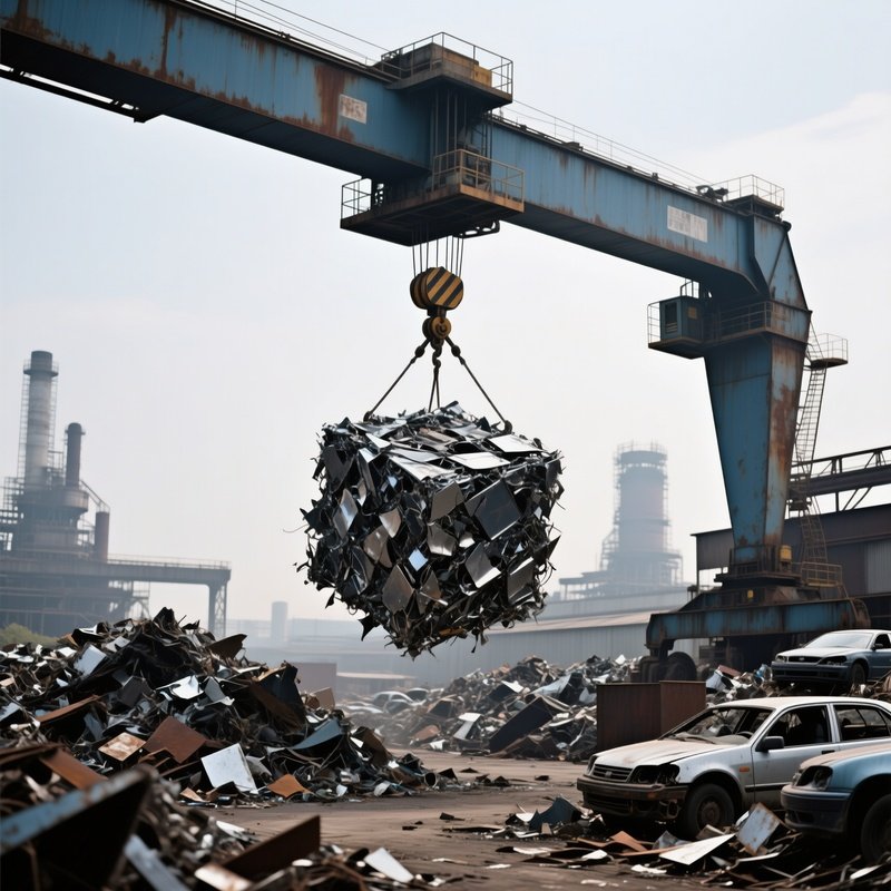 Recycling Center Giant Magnet Crane Lifting Crushed Steel Cars