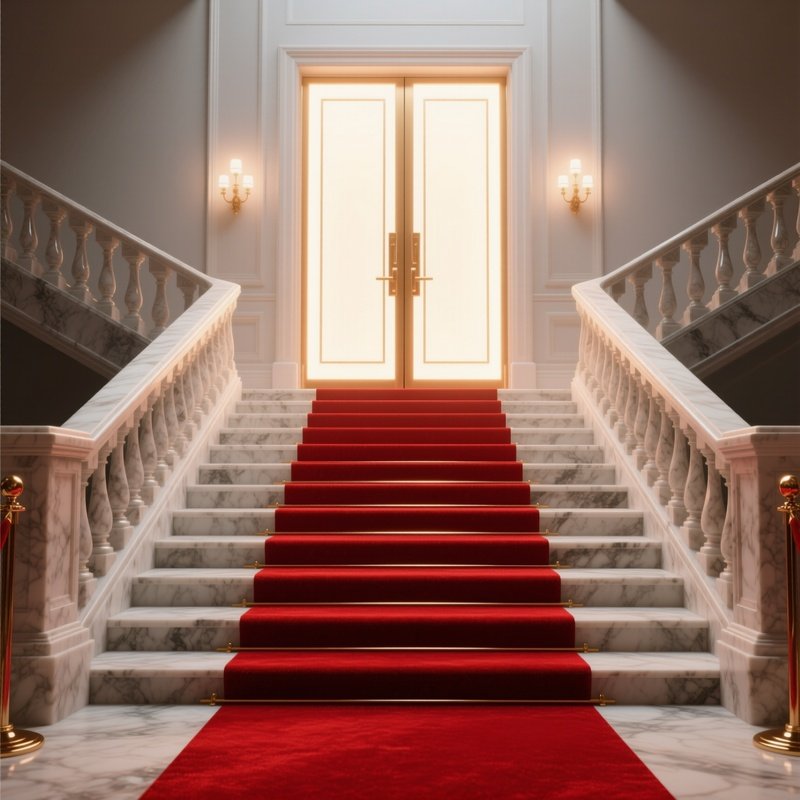 Red Carpet: A Plush Red Carpet Leading Up Grand Marble Stairs To Glowing Double Doors, Symbolizing A Vip Path Or Exclusive Opportunity.