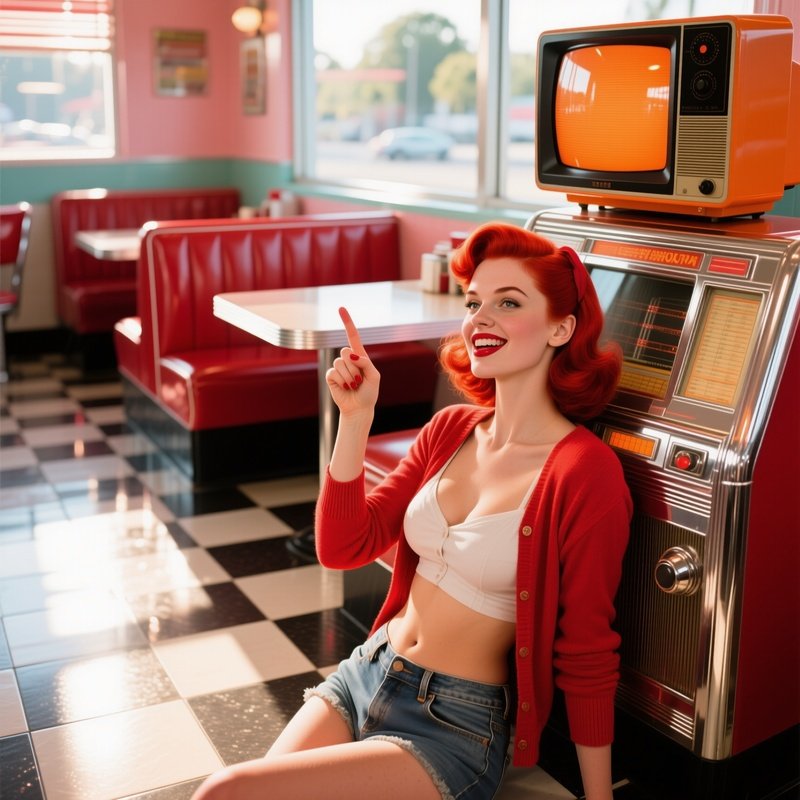 Red Haired Pin Up In 1950S Diner Booth