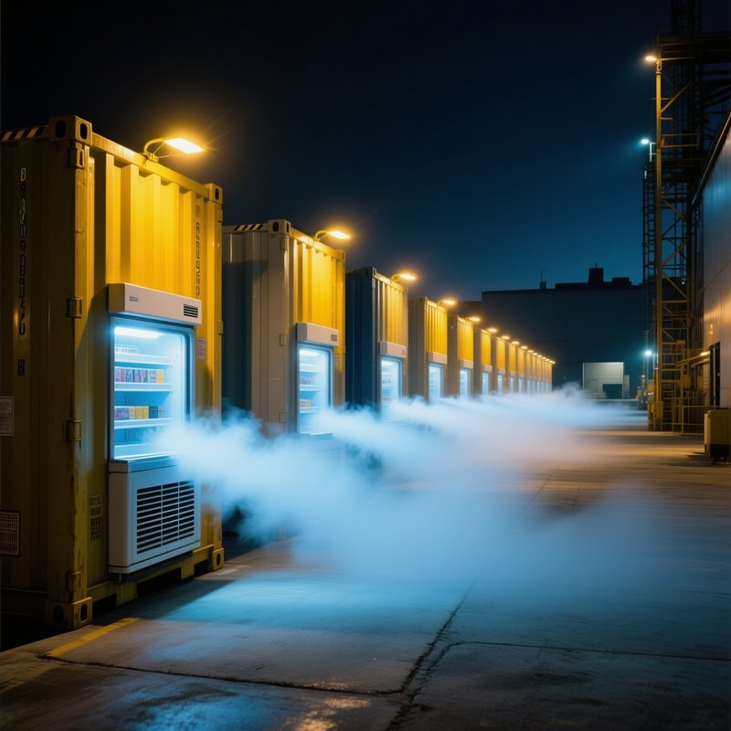 Reefer Container Row Emitting Cold Mist Under Yellow Industrial Lamps At Night