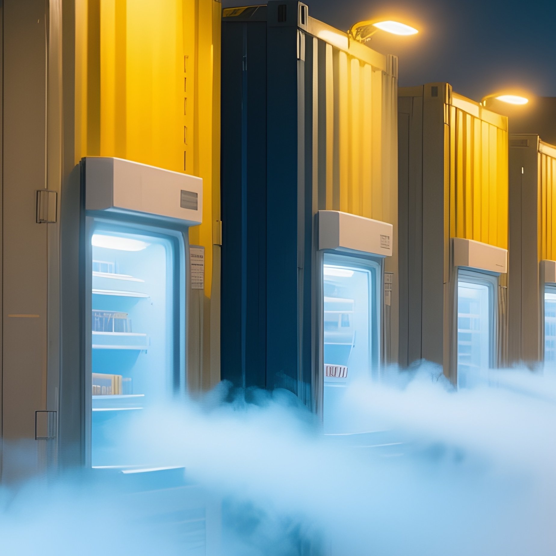 Reefer Container Row Emitting Cold Mist Under Yellow Industrial Lamps At Night - Full Resolution Quality Preview