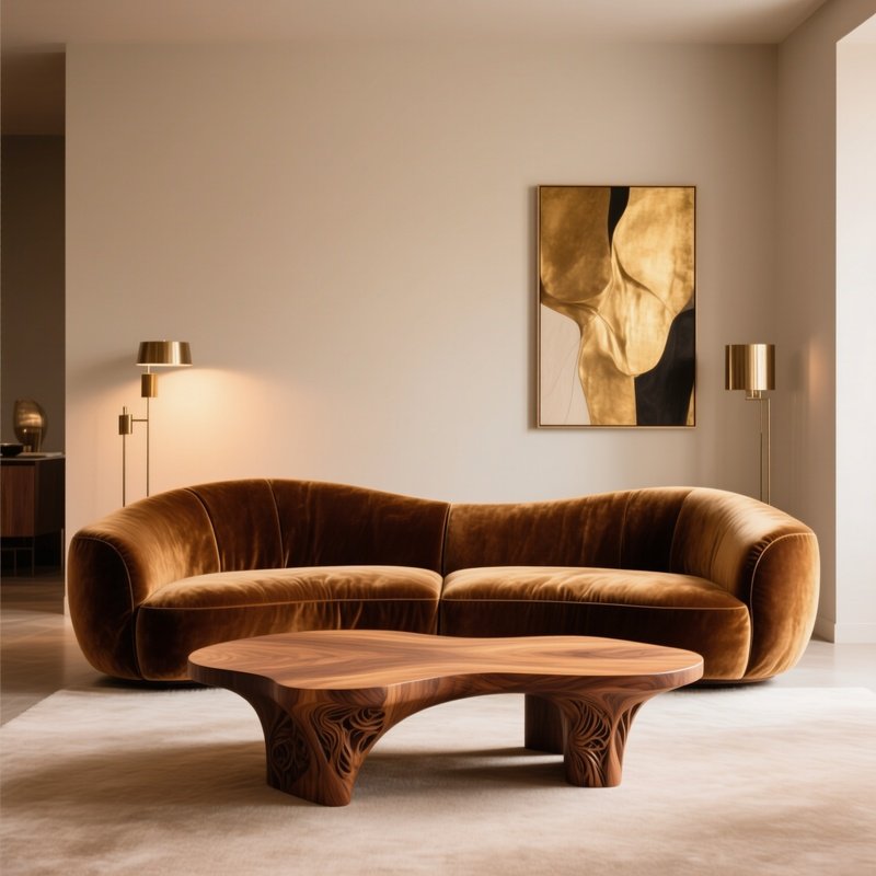 Refined Living Room Sculptural Sofa Handcrafted Wooden Coffee Table