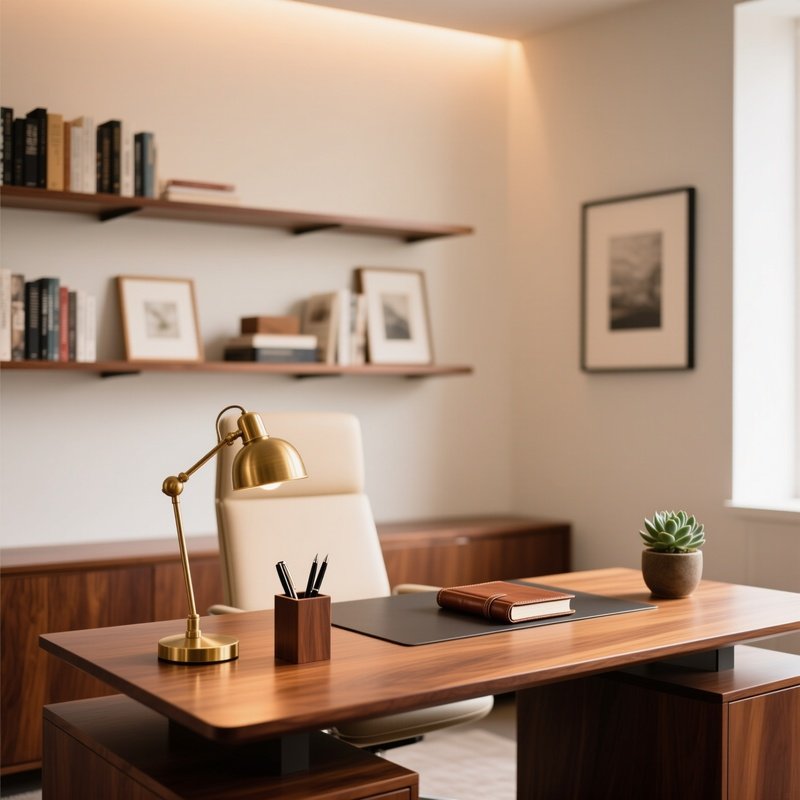 Refined Office Space Wooden Desk Curated Accessories