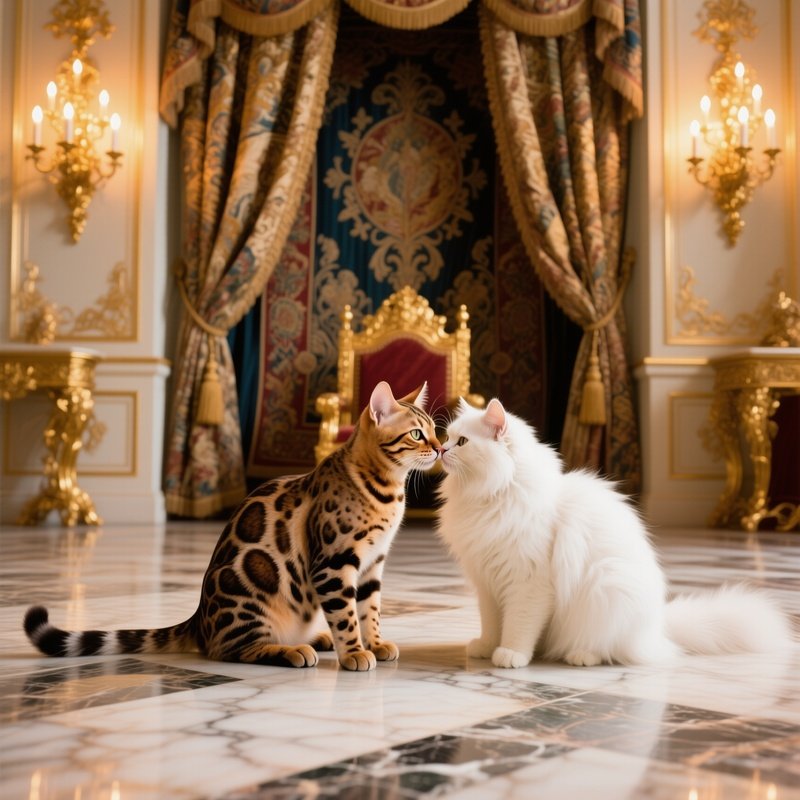 Regal Bengal Cat Kissing Persian On Marble Throne