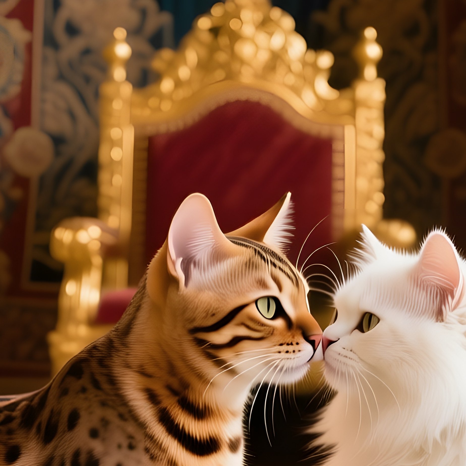 Regal Bengal Cat Kissing Persian On Marble Throne - Full Resolution Quality Preview