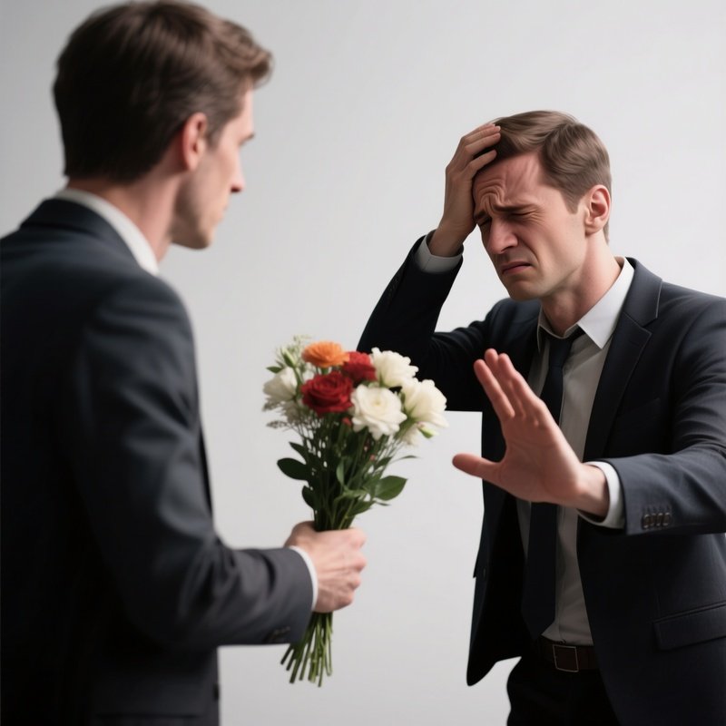 Rejection  A Person Handing Flowers To Someone Who Is Pushing Them Away And Shaking Their Head  No. 