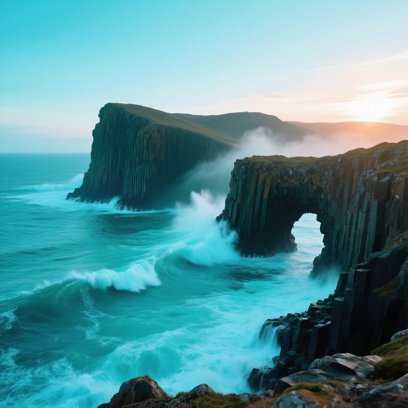 Remote Island Coastline Basalt Columns Sunset