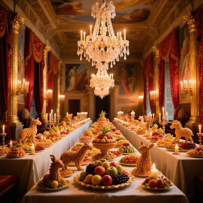 Renaissance Banquet Hall With Food Sculptures And Clay Chandeliers