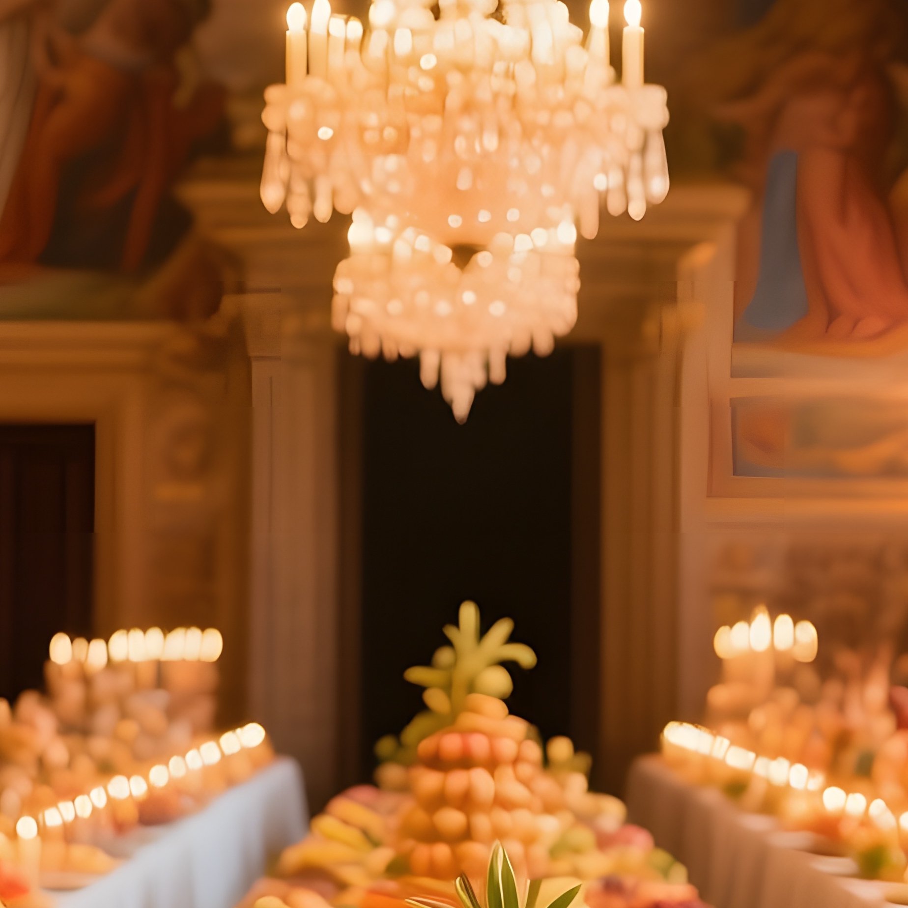 Renaissance Banquet Hall With Food Sculptures And Clay Chandeliers - Full Resolution Quality Preview