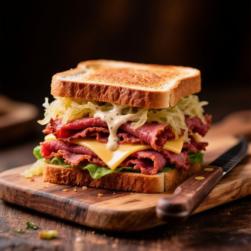 Reuben Sandwich Grilled Rye Bread Corned Beef Sauerkraut Swiss Cheese Russian Dressing