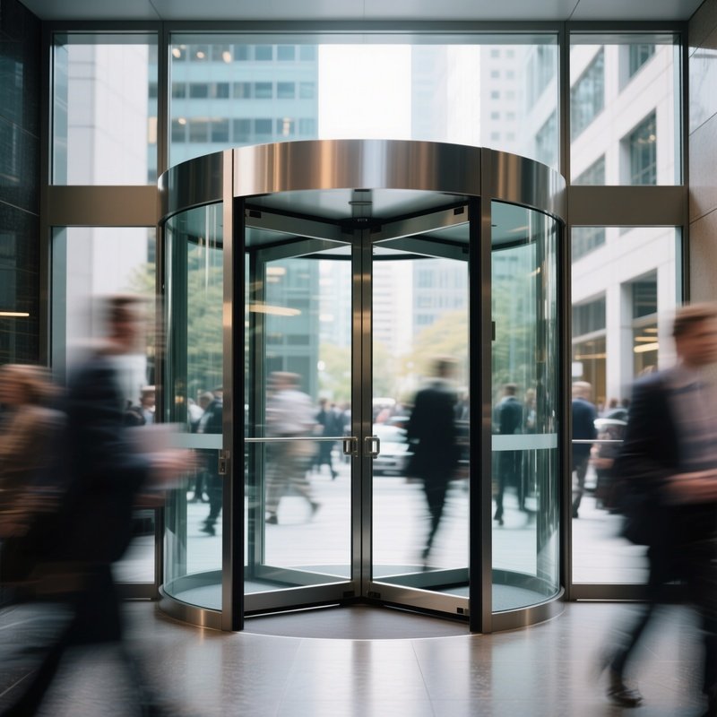 Revolving Door: A Blurred Motion Shot Of A Glass Revolving Door At The Entrance Of A Busy Office Building During Rush Hour.