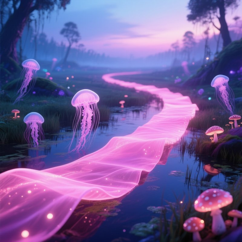Ribbon Jelly Long Pink Glowing Flat Membrane Scene 2