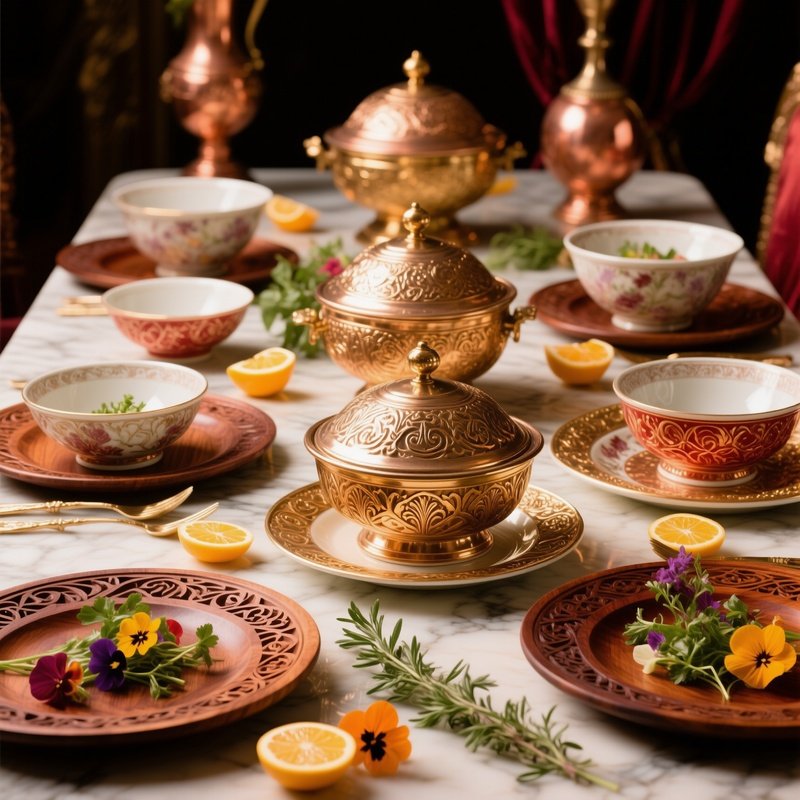 Rich Textures Garnishes Traditional Serving Vessels