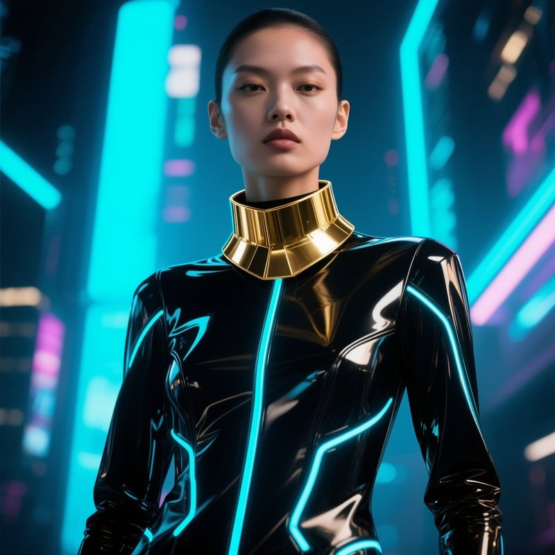 Rigid Gold Collar Necklace On Futuristic Outfit