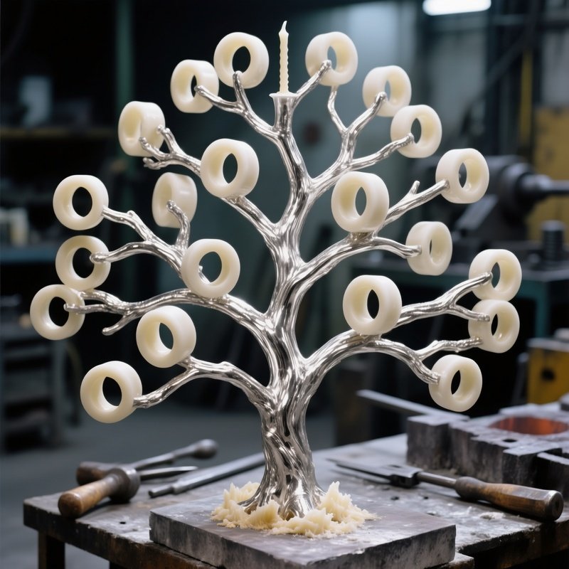 Ring Casting Tree Of Wax Molds Cast In Silver Before Sprue Removal