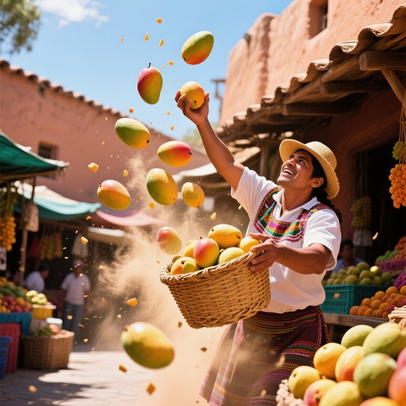 Ripe Mangoes Tumble Mid Air In A Vibrant Mexican Market Stall As A Vendor Catches Them With A Woven