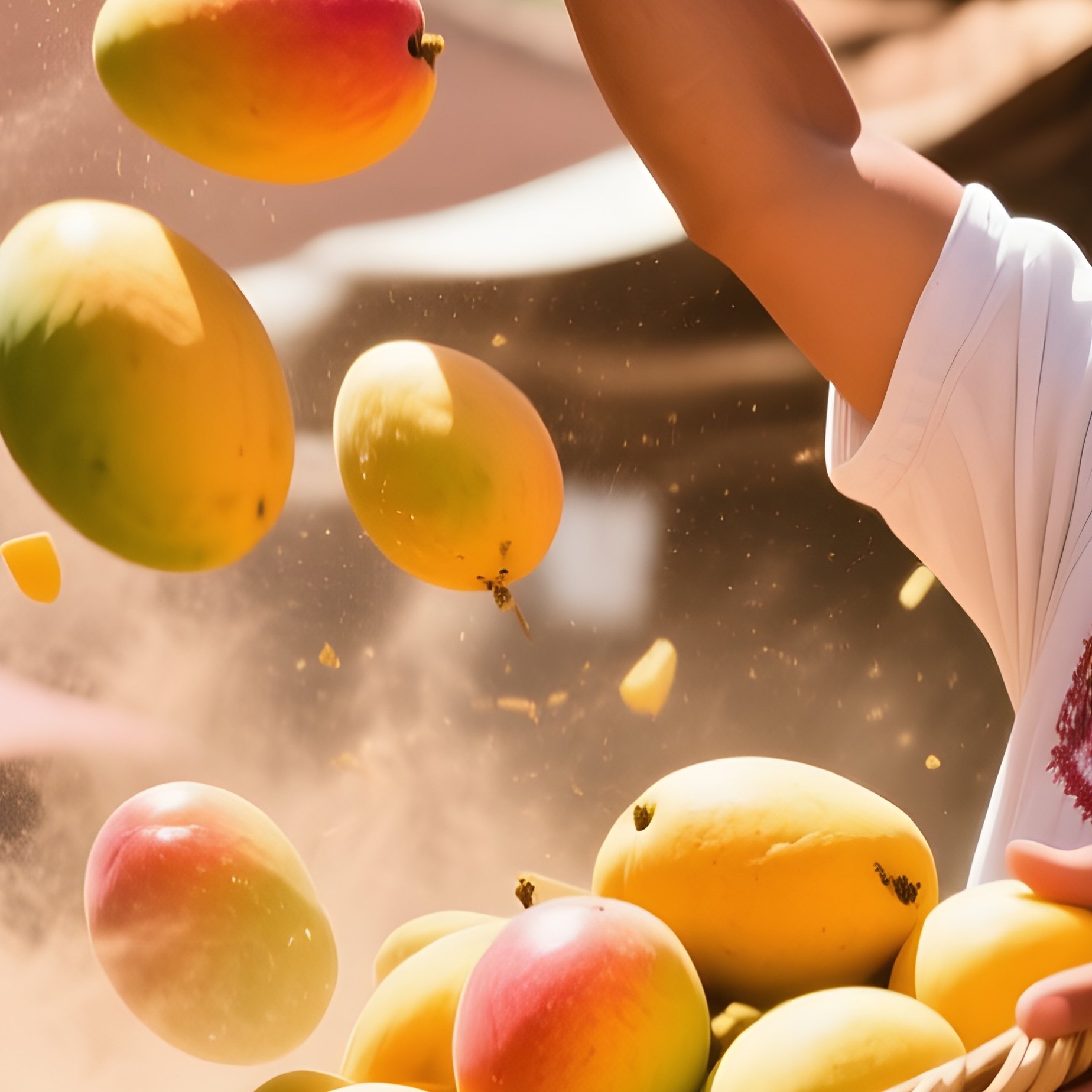 Ripe Mangoes Tumble Mid Air In A Vibrant Mexican Market Stall As A Vendor Catches Them With A Woven - Full Resolution Quality Preview